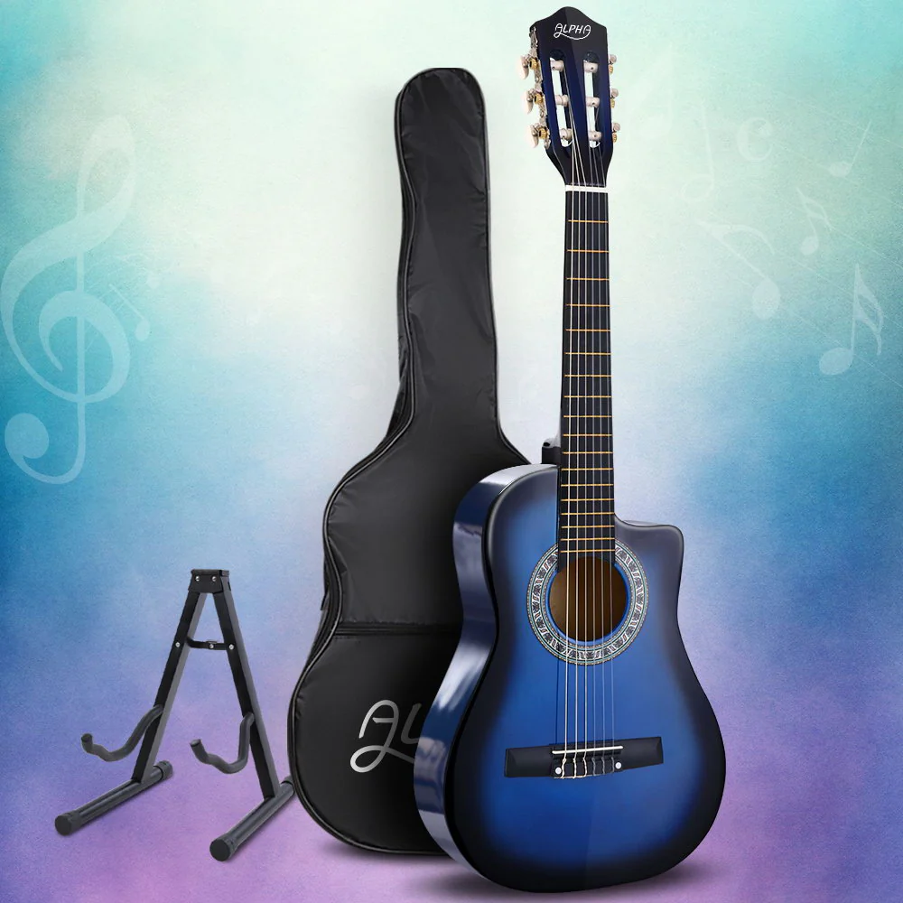 Alpha 34 Inch Classical Guitar Wooden Body Nylon String w/ Stand Beginner Blue - Nurns