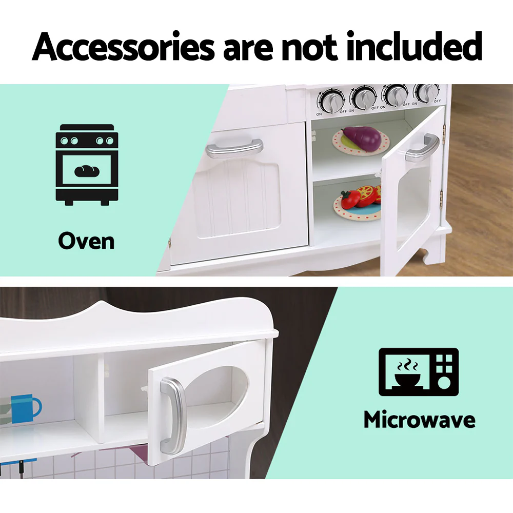 Kids Kitchen Set Pretend Play Food Sets Childrens Utensils Wooden White - Nurns