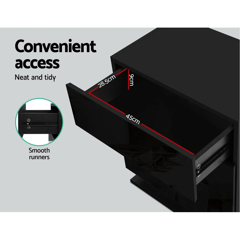 Lachine LED High Gloss Bedside Tables Side Table RGB LED Lamp Nightstand Gloss with 3 Drawers - Black - Nurns