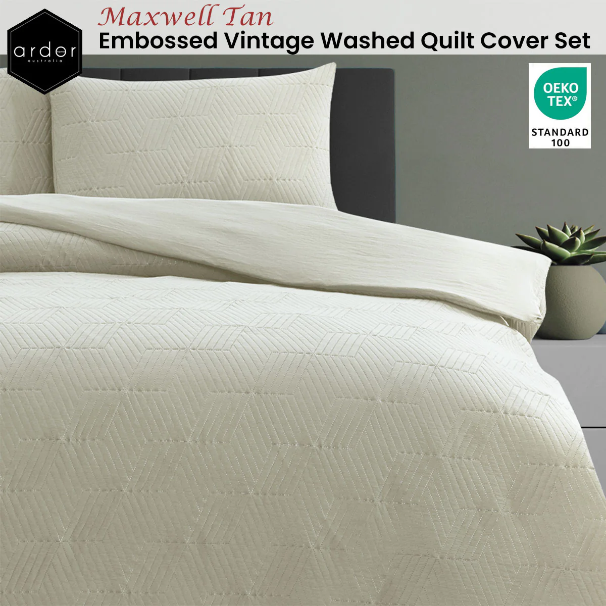KING Embossed Vintage Washed Quilt Cover Set - Beige - Nurns