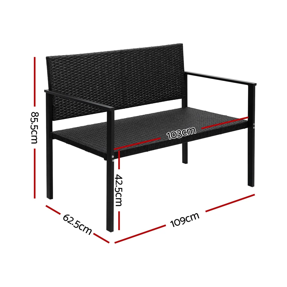 Fritz 2-Seater Outdoor Garden Bench Seat Rattan Chair Steel Patio Furniture Park - Black - Nurns