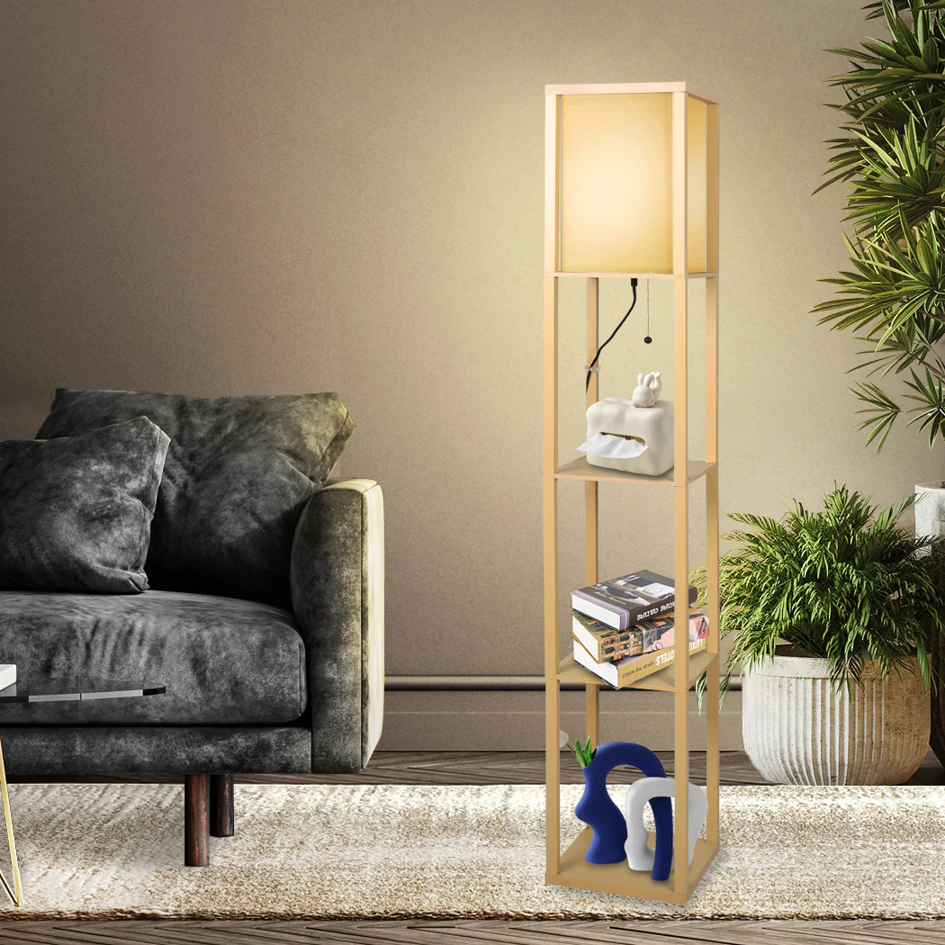 Floor Lamp LED Storage Shelf 3 Tier Wood Standing Reading Corner Light - Nurns