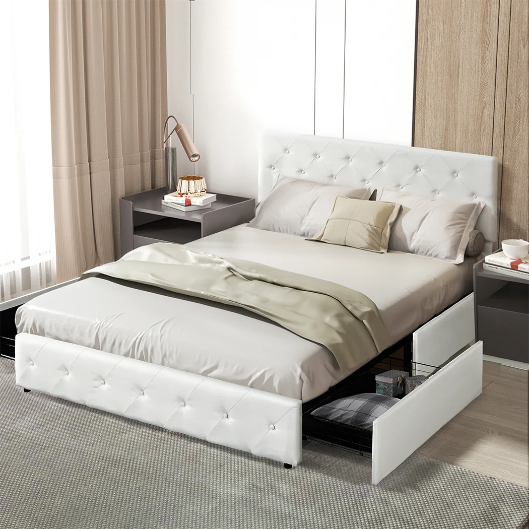 Emilia Bed Frame Tufted 4 Drawer - Cream Queen - Nurns