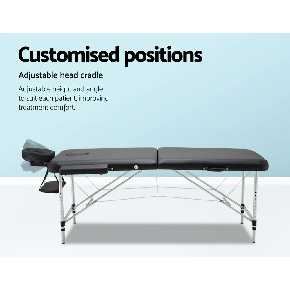 Massage Table 70cm 2 Fold Aluminium Massage Bed Portable Beauty Therapy Black - Nurns