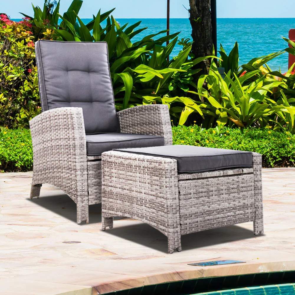 Dursley Recliner Chair Outdoor Furniture Setting Patio Wicker Sofa Chair and Ottoman - Grey - Nurns