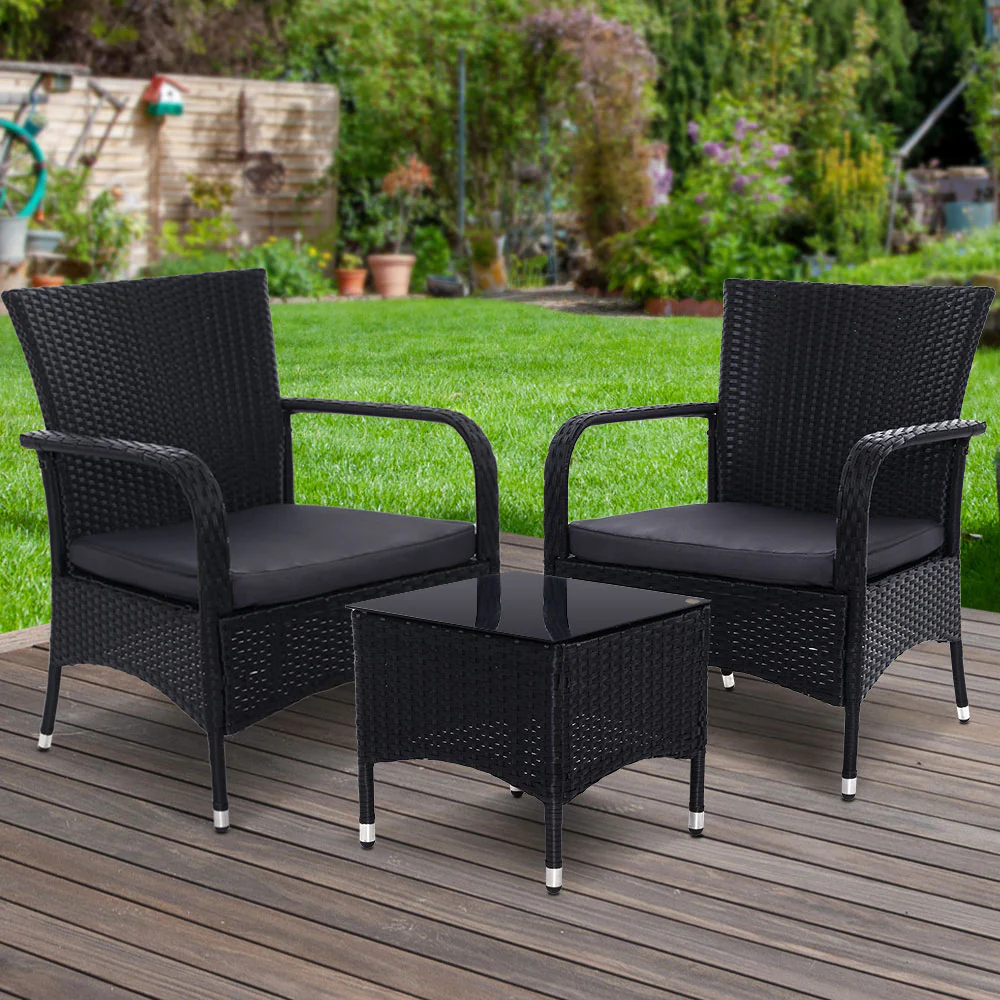 Noah 2-Seater Patio Wicker Conversation Chairs Table 3-Piece Outdoor Furniture - Black - Nurns