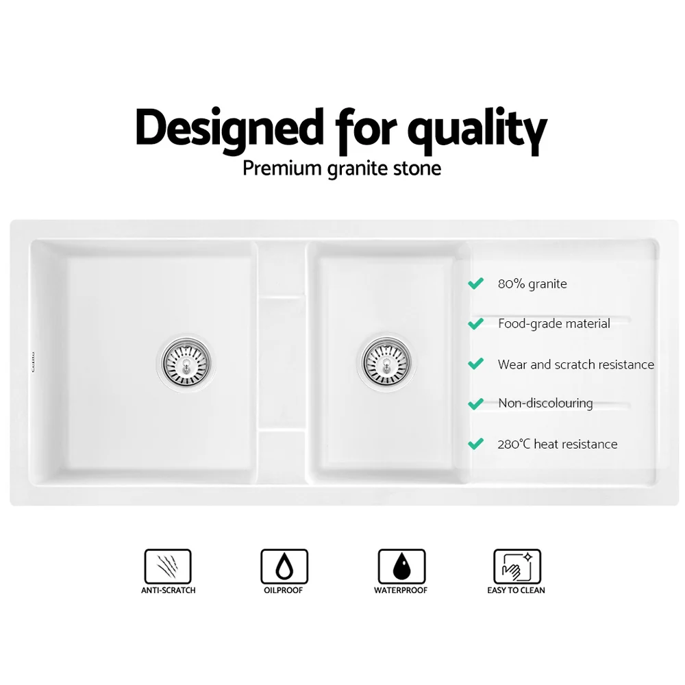 Stone Kitchen Sink 1160X500MM Granite Under/Topmount Basin Double Bowl White - Nurns