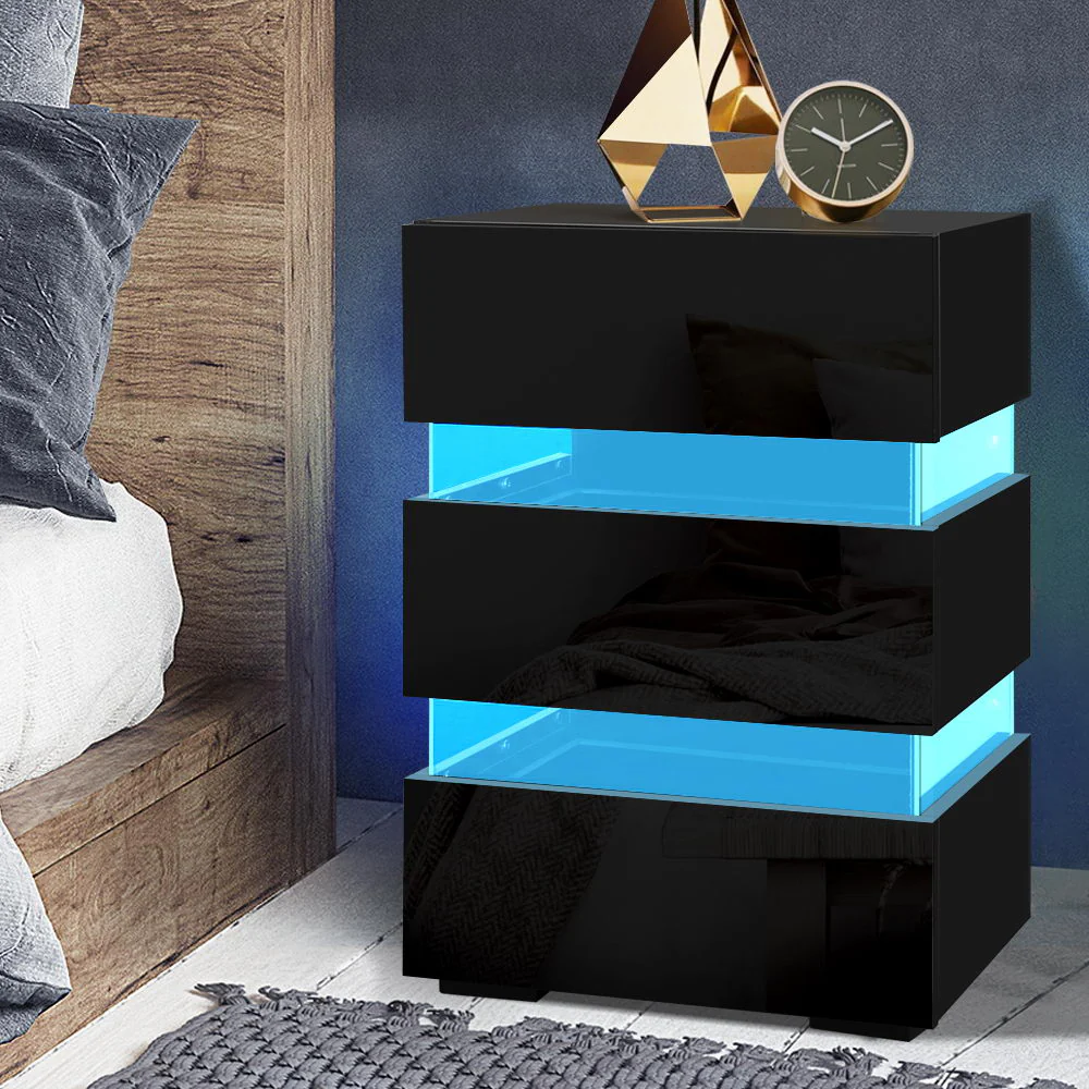 Perce LED High Gloss Bedside Tables Side Unit RGB LED Lamp Nightstand Gloss Furniture with 3 Drawers - Black - Nurns