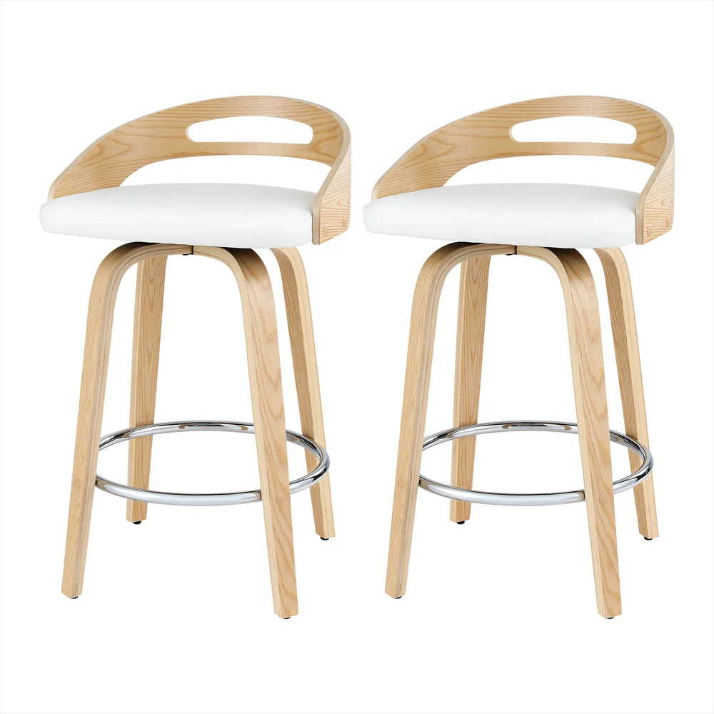 Set of 2 Athens Bar Stools Swivel Dining Chairs Low Back Counter Seat PU Cushion - White - Nurns