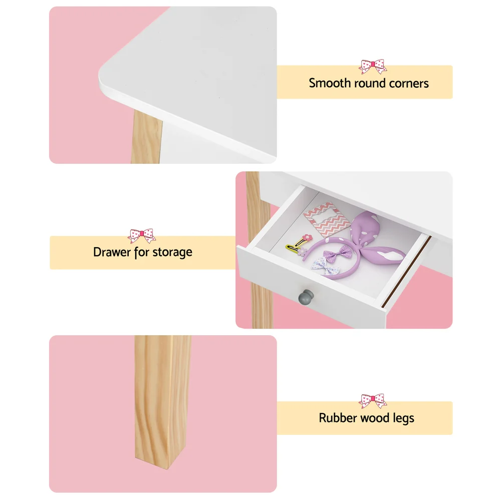 Kids Dressing Table Chair Set Wooden Leg Vanity Makeup Drawer Mirror - Nurns