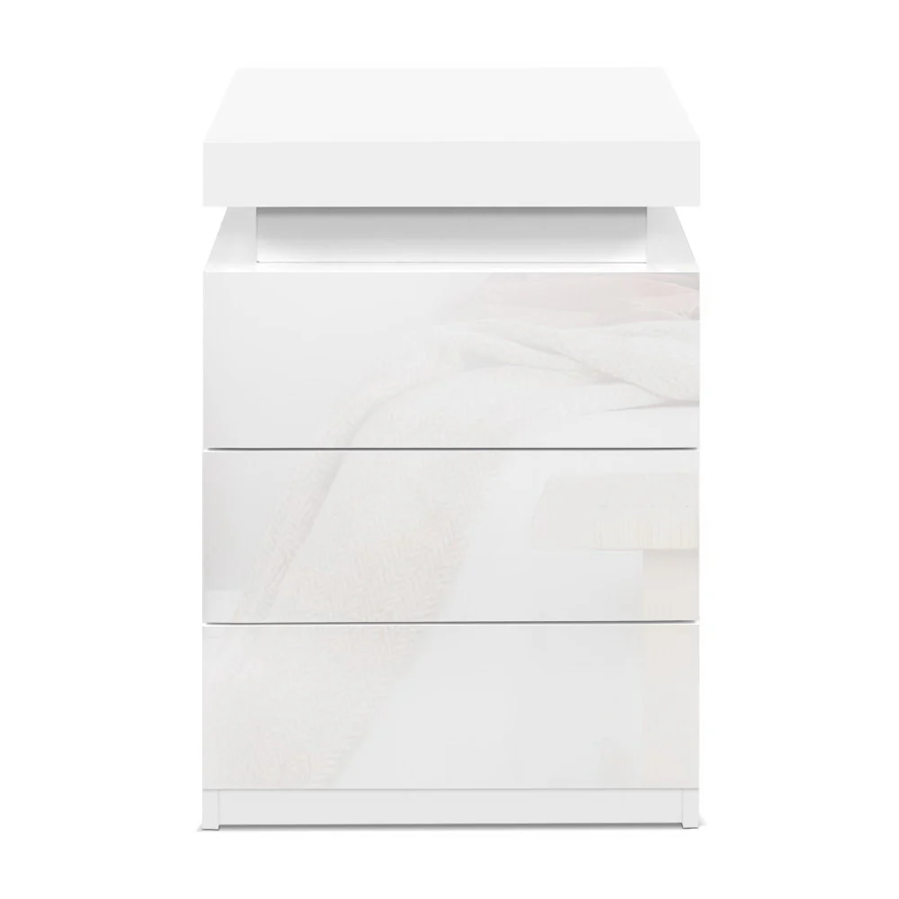 Rimouski LED High Gloss Bedside Tables Side Table RGB LED High Gloss Nightstand with 3 Drawers - White - Nurns
