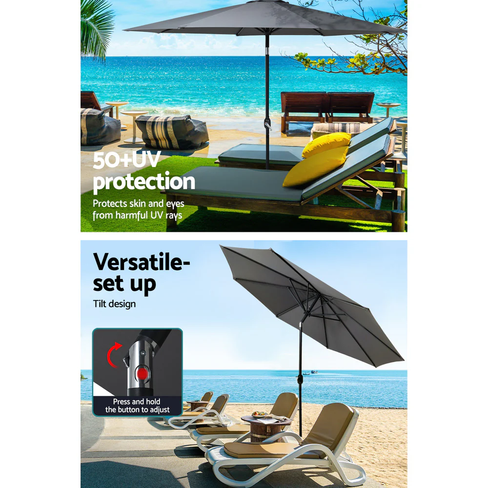 Instahut Outdoor Umbrella 3m Base Beach Pole Garden Tilt Sun Patio UV Charcoal - Nurns
