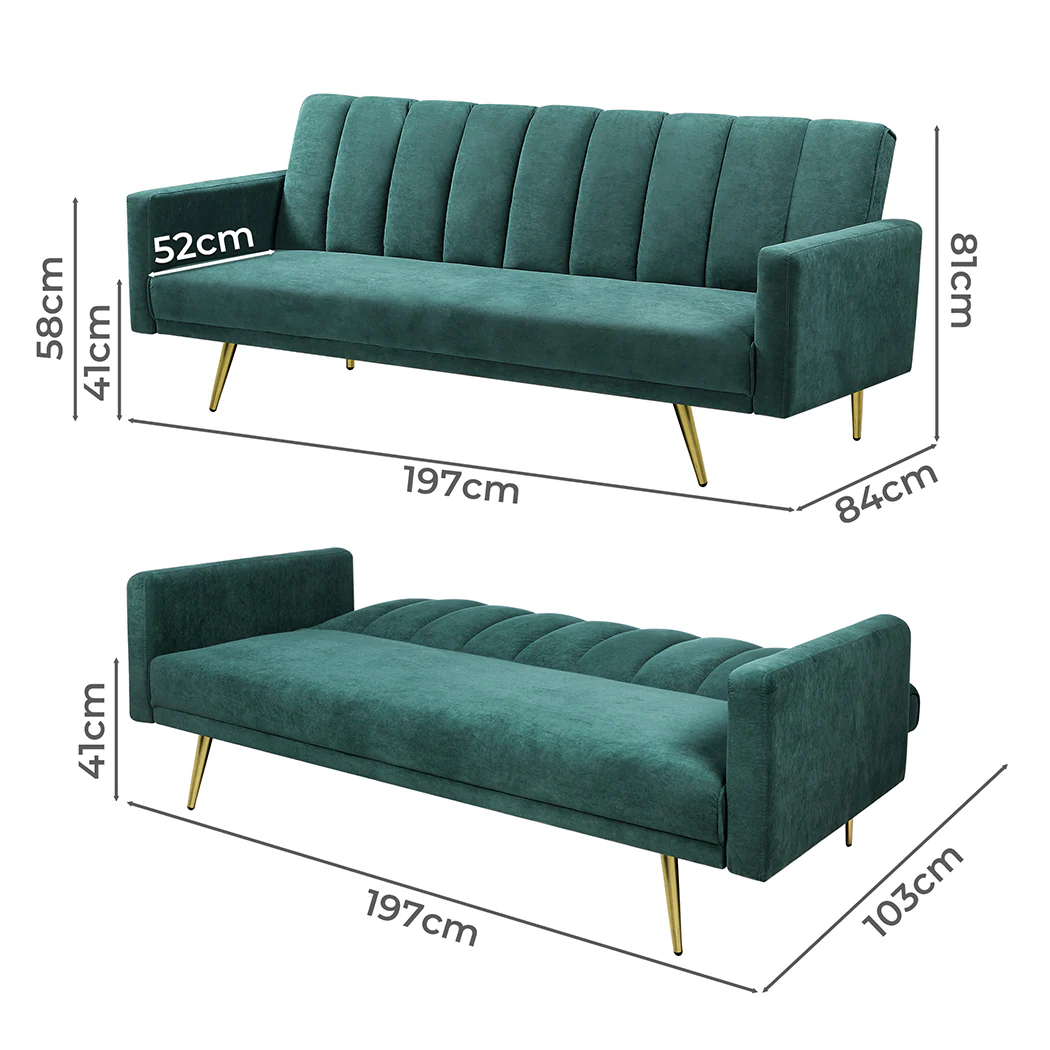 Mari 3-Seater Sofa Bed Convertible Velvet Lounge Recliner Couch Sleeper - Green - Nurns