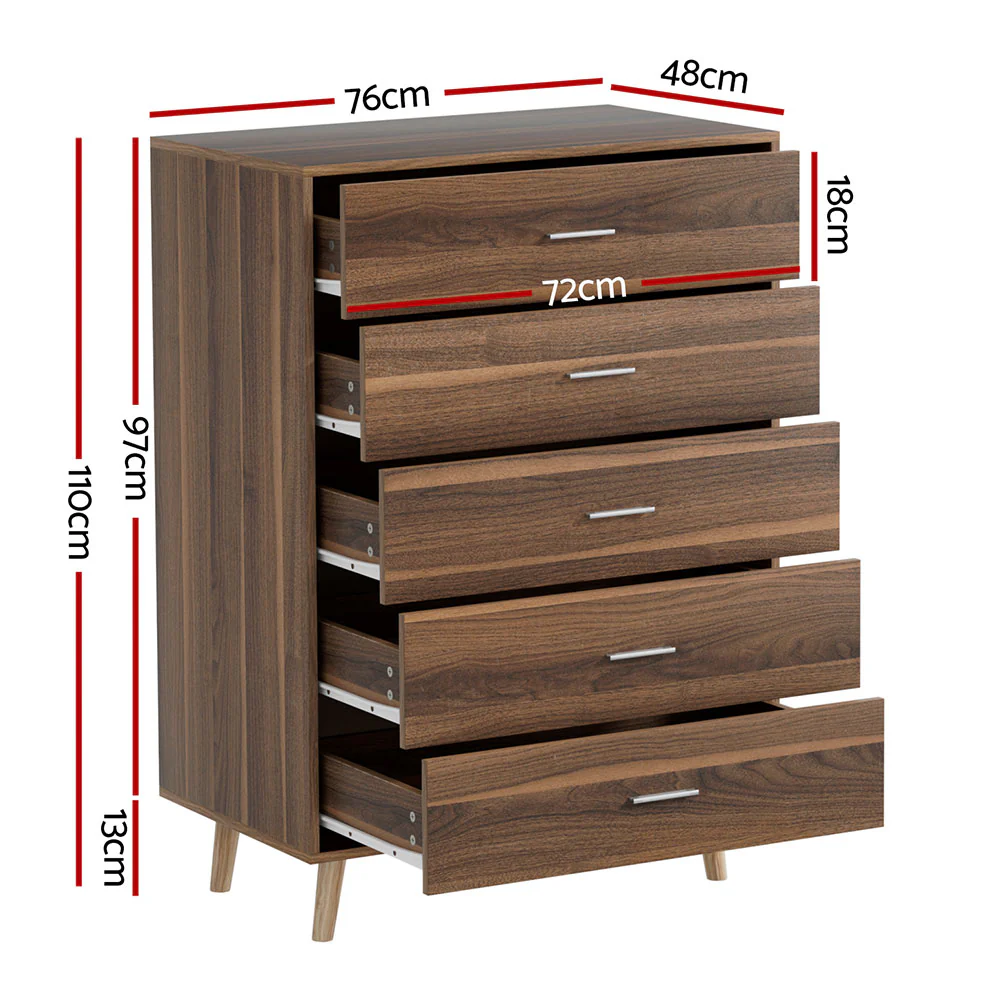 Artiss 5 Chest of Drawers - Walnut - Nurns