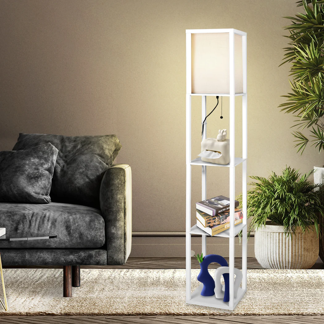 Floor Lamp Storage Shelf LED Wood Standing Reading Corner Light White - Nurns