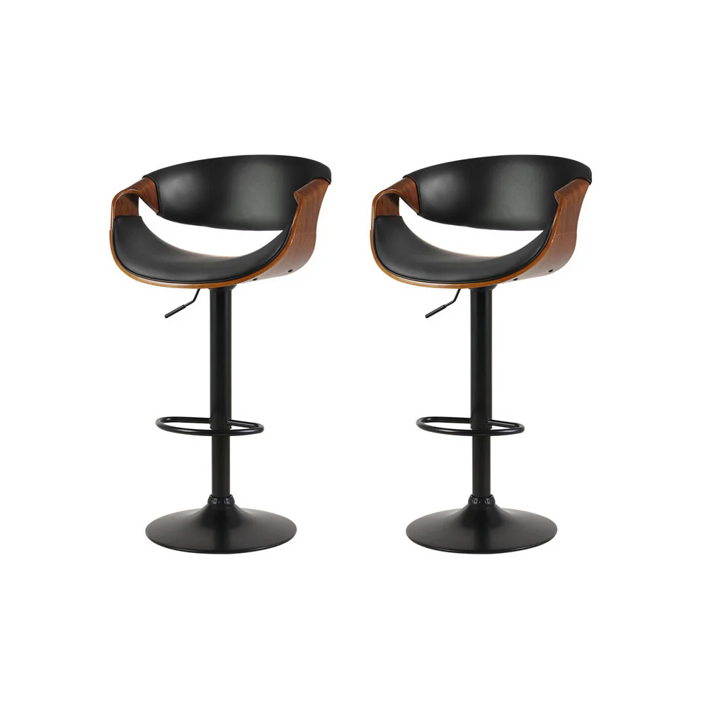 Set of 2 Montpellier Bar Stools Swivel Chair Kitchen Gas Lift Wooden Bar Stool Leather - Black - Nurns