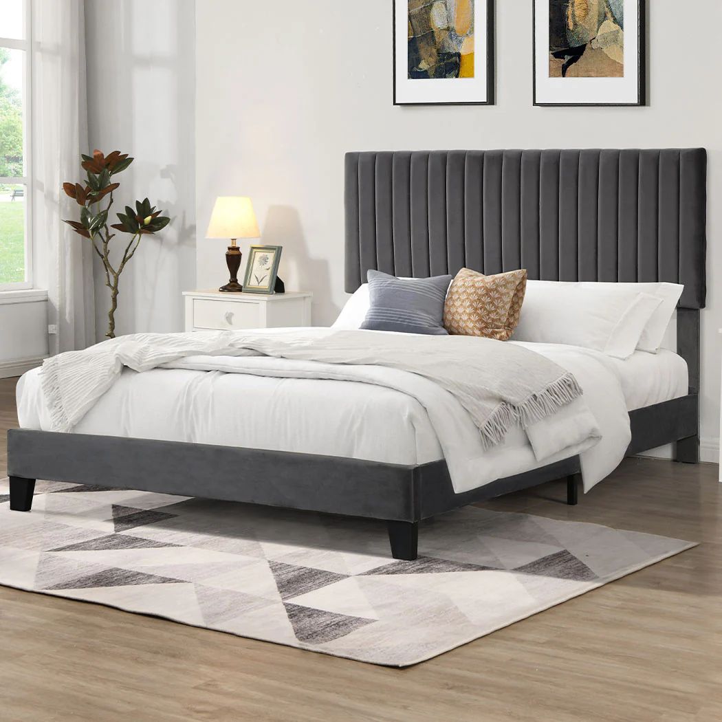Cheyenne Bed Frame Base Platform Wooden Velvet with Headboard Grey - Double - Nurns