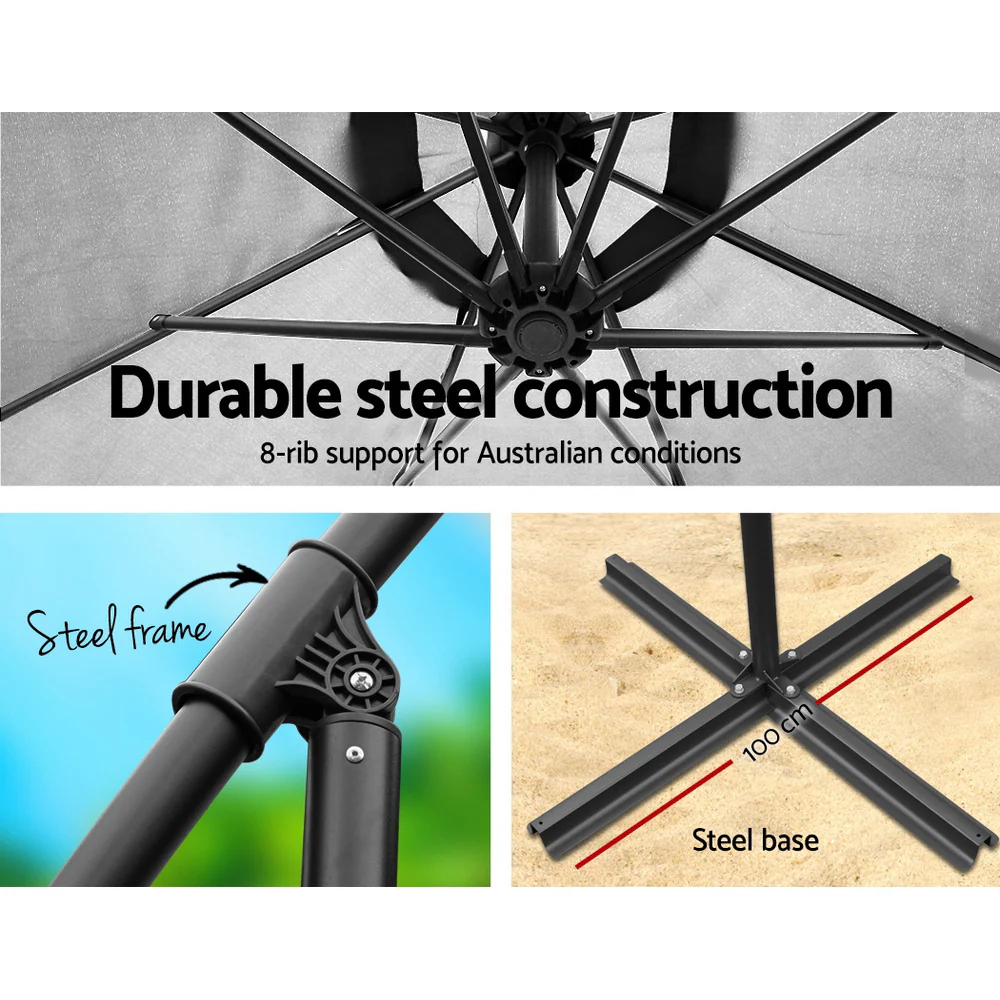 Instahut 3M Umbrella with 50x50cm Base Outdoor Umbrellas Cantilever Sun Stand UV Garden Grey - Nurns