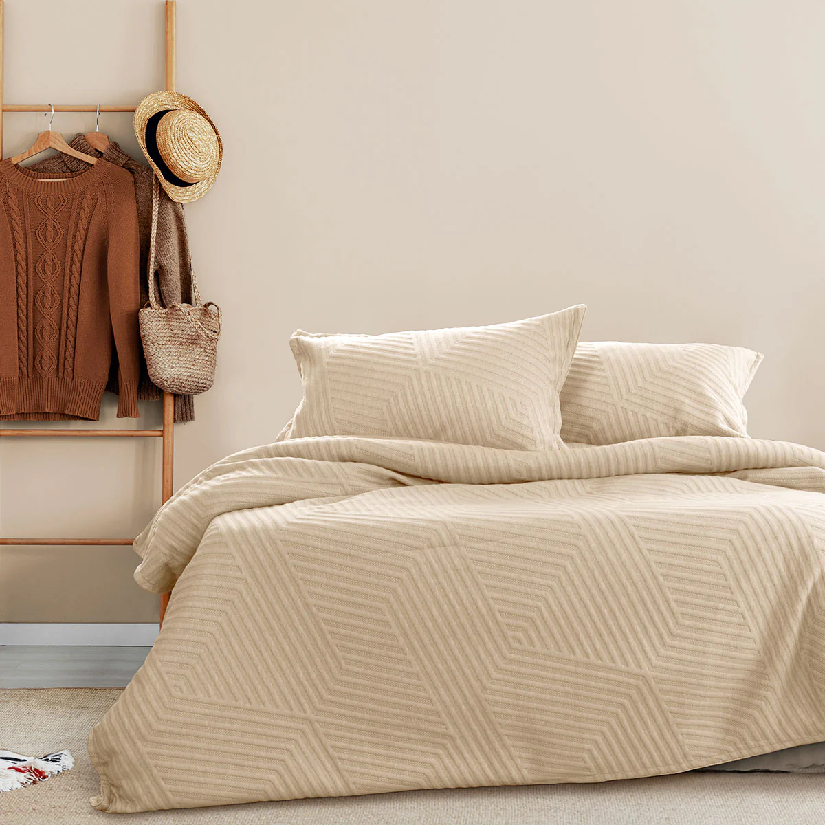 KING Linen Embossed Texture Geo Quilt Cover Set - Beige - Nurns