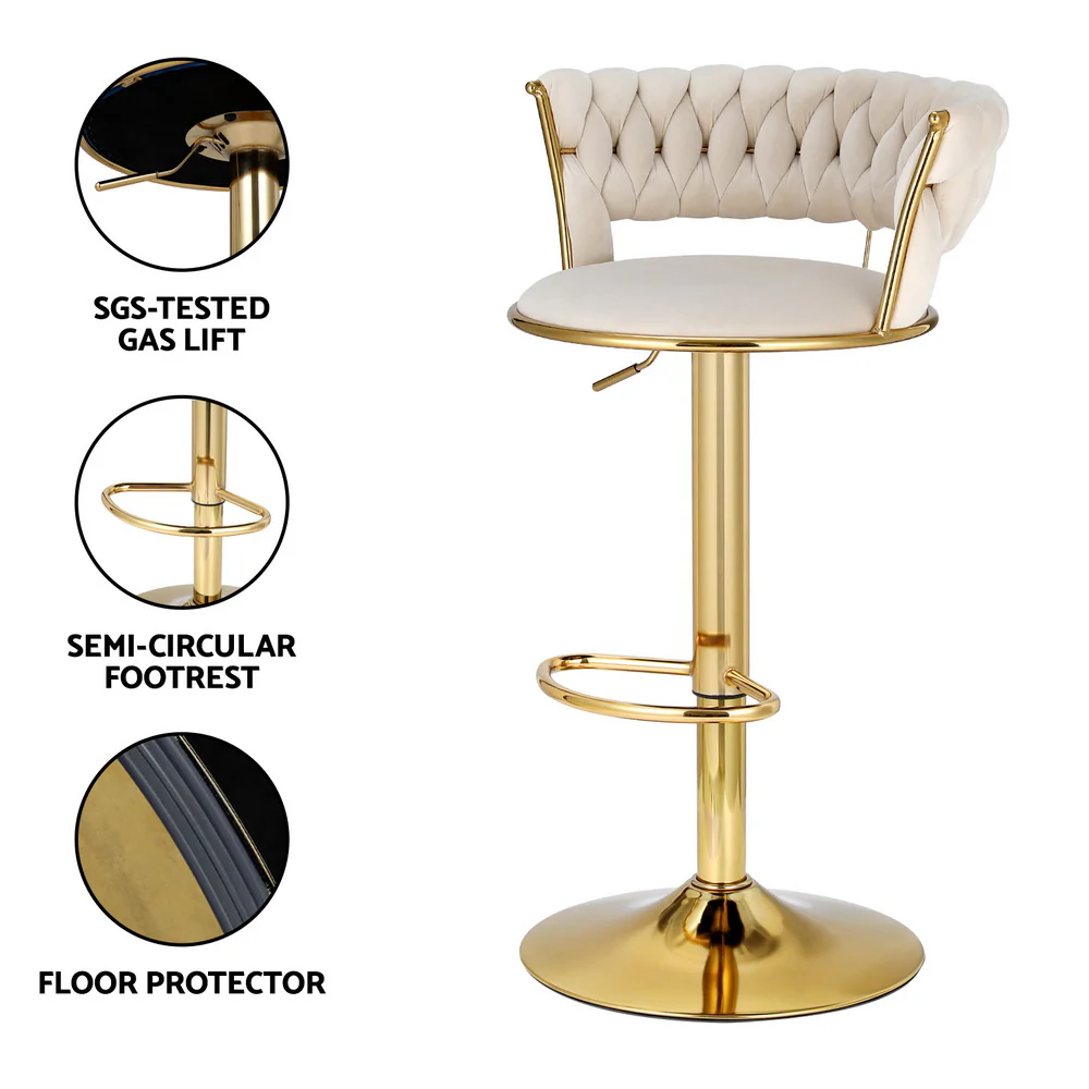 Saldus Bar Stools Gas Lift Velvet Woven Backrest - Ivory & Gold - Nurns