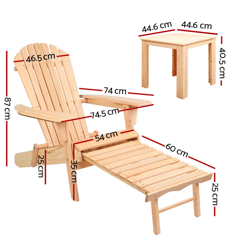 Adirondack Gardeon 3PC Outdoor Table and Chairs? Wooden Sun Lounge Beach Patio Natural - Nurns