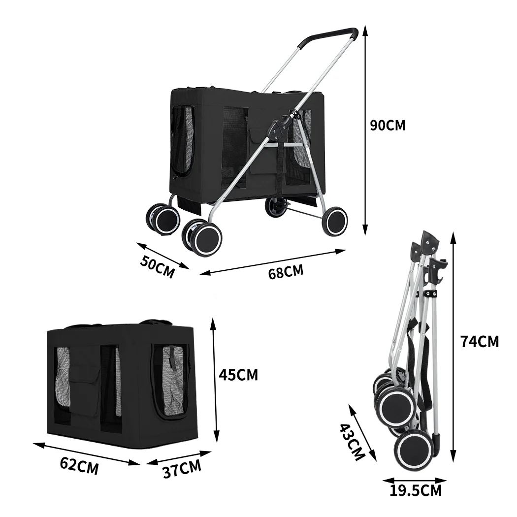 Pet Stroller Dog Cat Puppy Pram Travel Carrier 4 Wheels Pushchair Foldable Black - Nurns