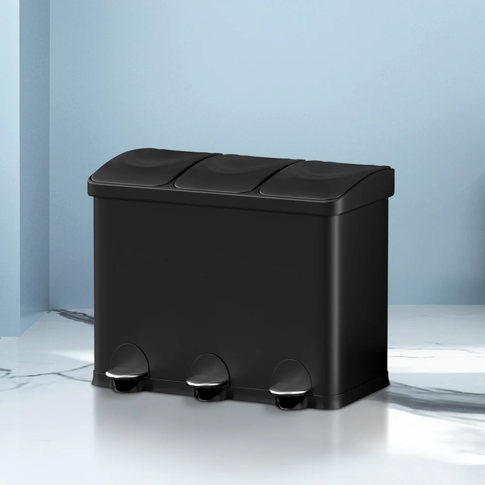 Pedal Bins Rubbish Bin Triple Compartments Waste Recycle Dustbins 45L - Nurns