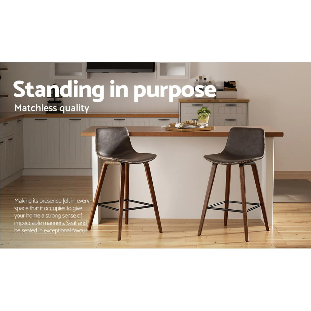 Set of 2 Lugano PU Leather Bar Stools Square Footrest - Wood & Brown - Nurns