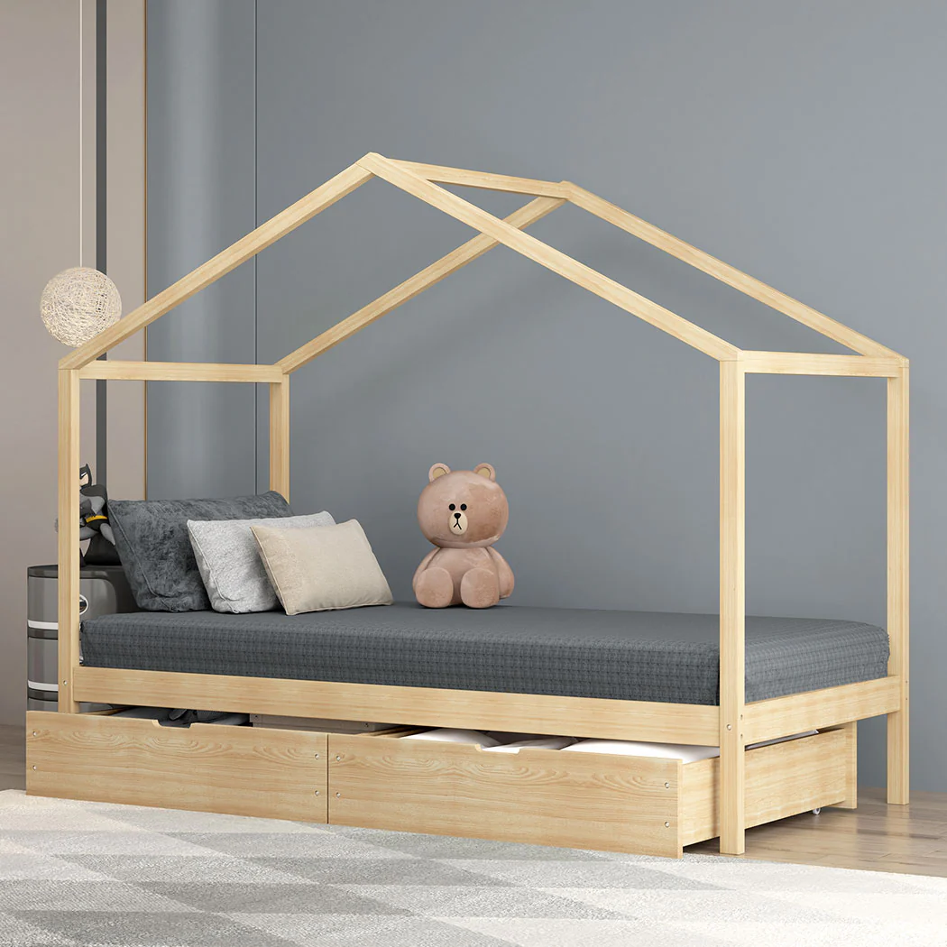 Riley Bed Frame Base Wooden Timber House Frame with Storage Drawers - Single - Nurns