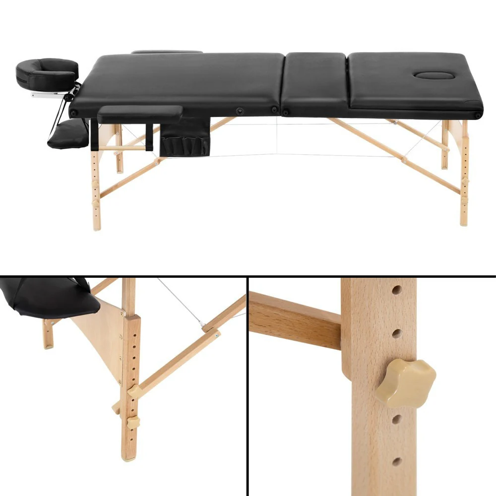 Massage Table 70cm 3 Fold Wooden Portable Beauty Therapy Bed Waxing Black - Nurns