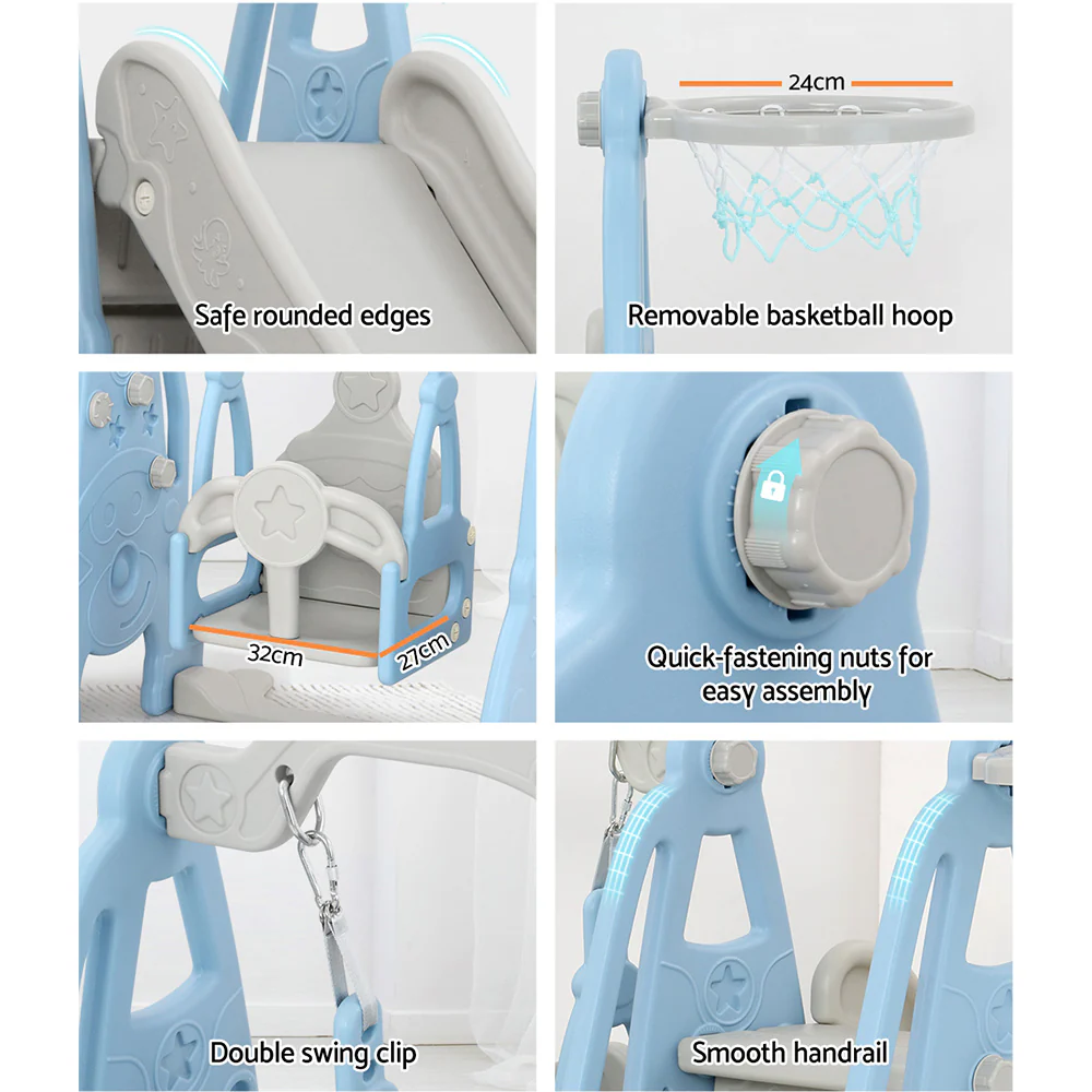 Kids Slide 170cm Extra Long Swing Basketball Hoop Toddlers PlaySet Blue - Nurns