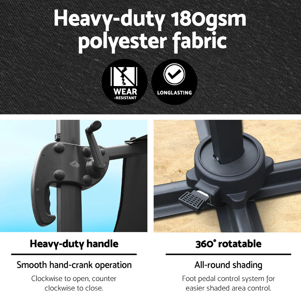 Instahut 3m Outdoor Umbrella Cantilever 360 Degree Tilt Beach Roma Black - Nurns