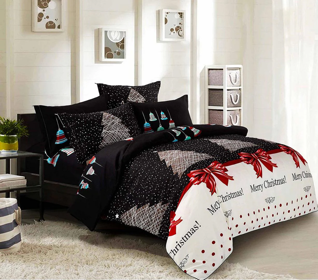 QUEEN 3-Piece Christmas Quilt Duvet Cover Set - Black - Nurns