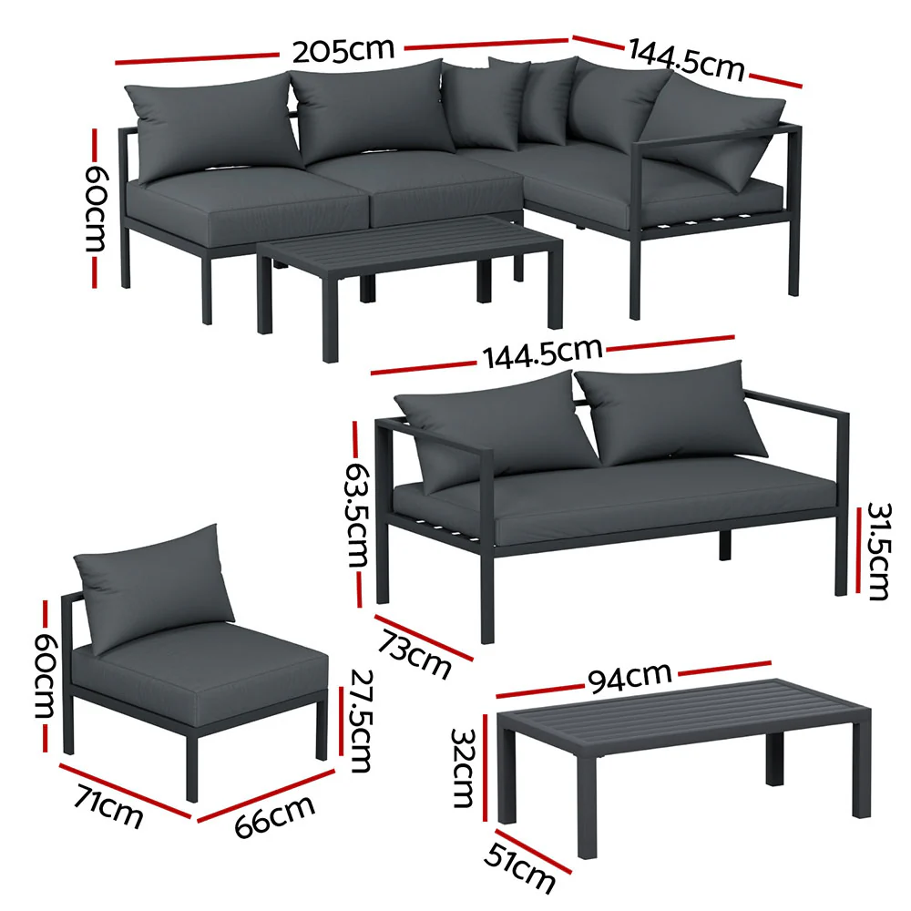 Atlas 4-Seater Aluminium Patio Furniture Setting 4-Piece Outdoor Sofa Set - Charcoal - Nurns