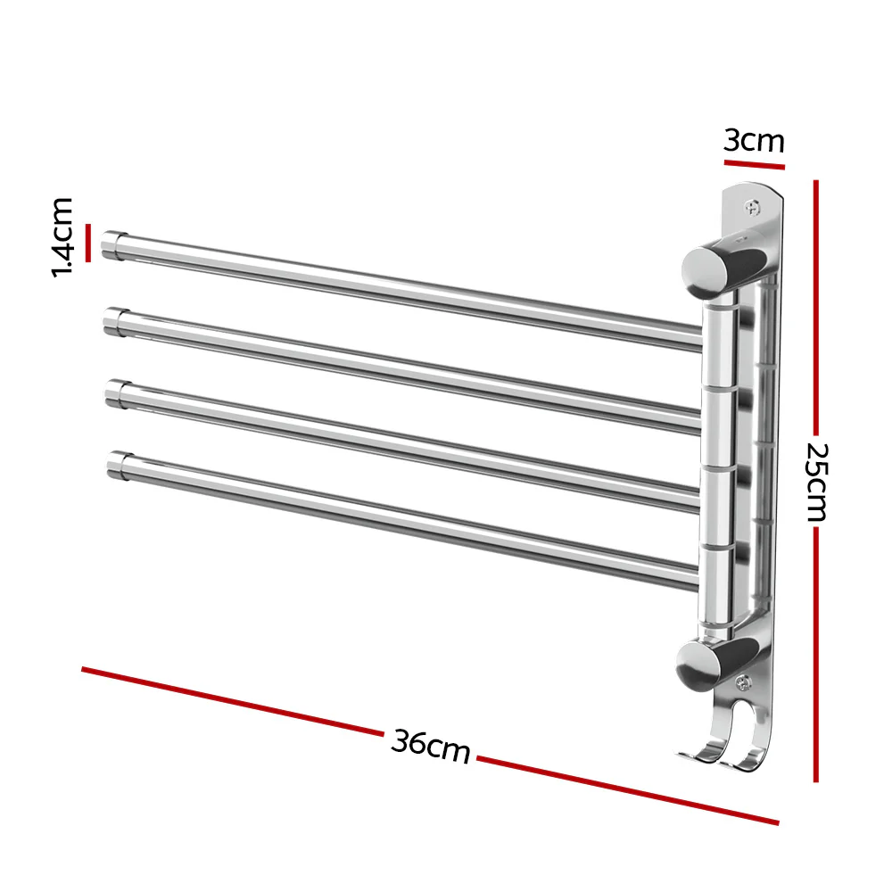 Towel Rail Rack Holder 4 Bars Wall Mounted Stainless Steel Swivel Hanging Hook - Nurns