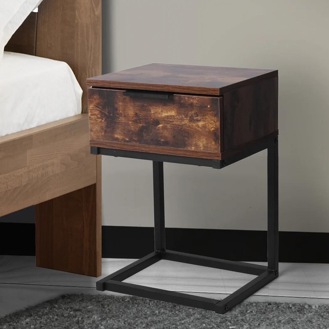 Louise Wooden Iron Frame Bedside Tables Side Table Wood Nightstand Storage Cabinet Unit - Oak - Nurns