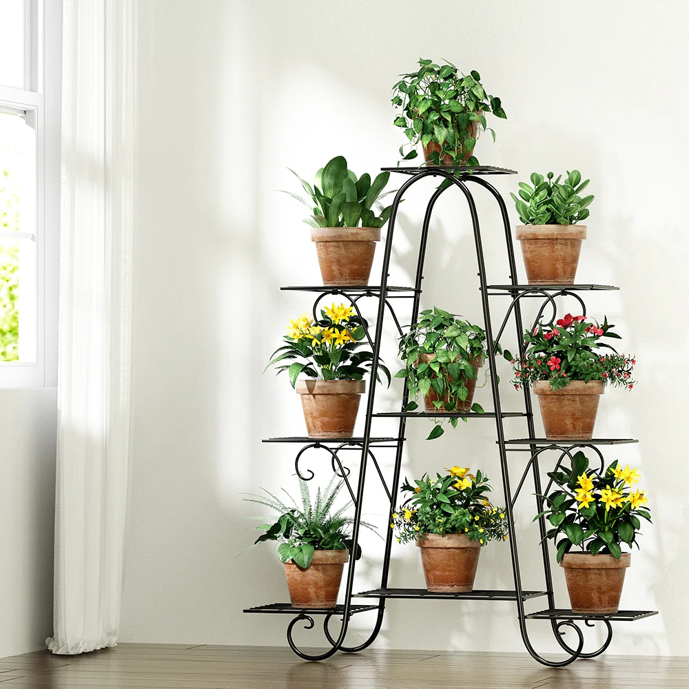 Plant Stand 9 Tier Metal Flower Pot Shelf - Black - Nurns