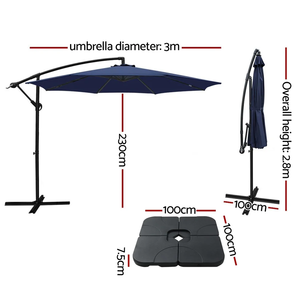 Instahut 3m Umbrella w/Base Outdoor Cantilever Beach Garden Patio Parasol Navy - Nurns