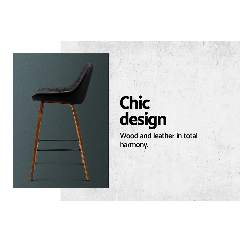 Set of 2 Aveiro Bar Stools Bentwood PU Leather Diamond Pleat - Black - Nurns