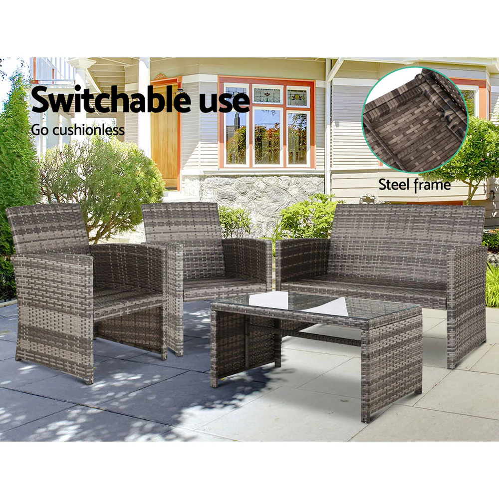 Slough 4-Seater Rattan Chair Table Setting Garden Furniture 4-Piece Outdoor Sofa Set - Grey - Nurns