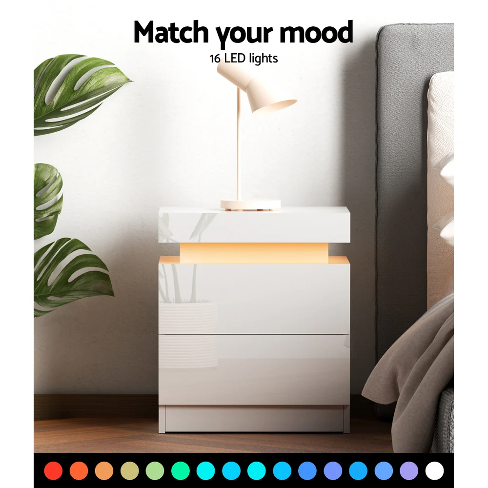 Levis LED High Gloss Bedside Tables Side Table RGB LED High Gloss Nightstand - White - Nurns