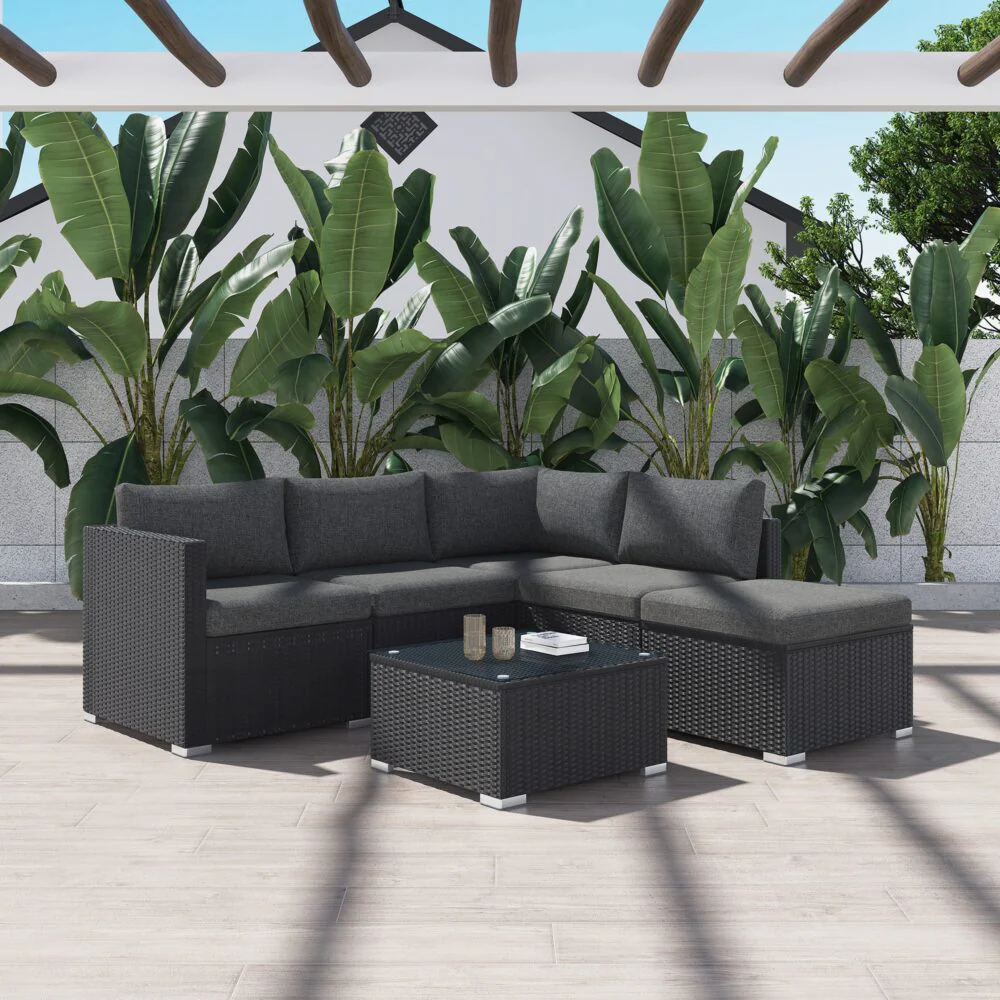Perry 5-Seater Ottoman-Style Outdoor Lounge Set - Black - Nurns