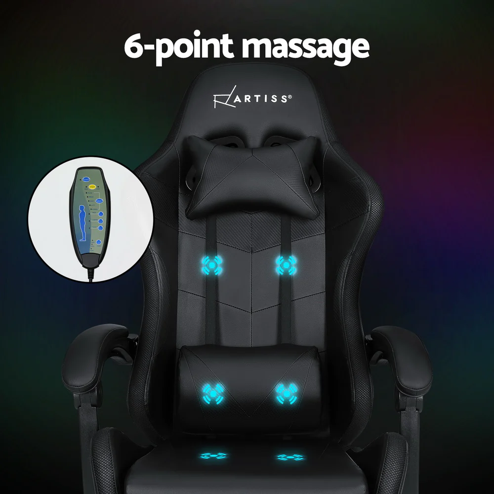Artiss 6 Point Massage Gaming Office Chair 7 LED Footrest Black - Nurns