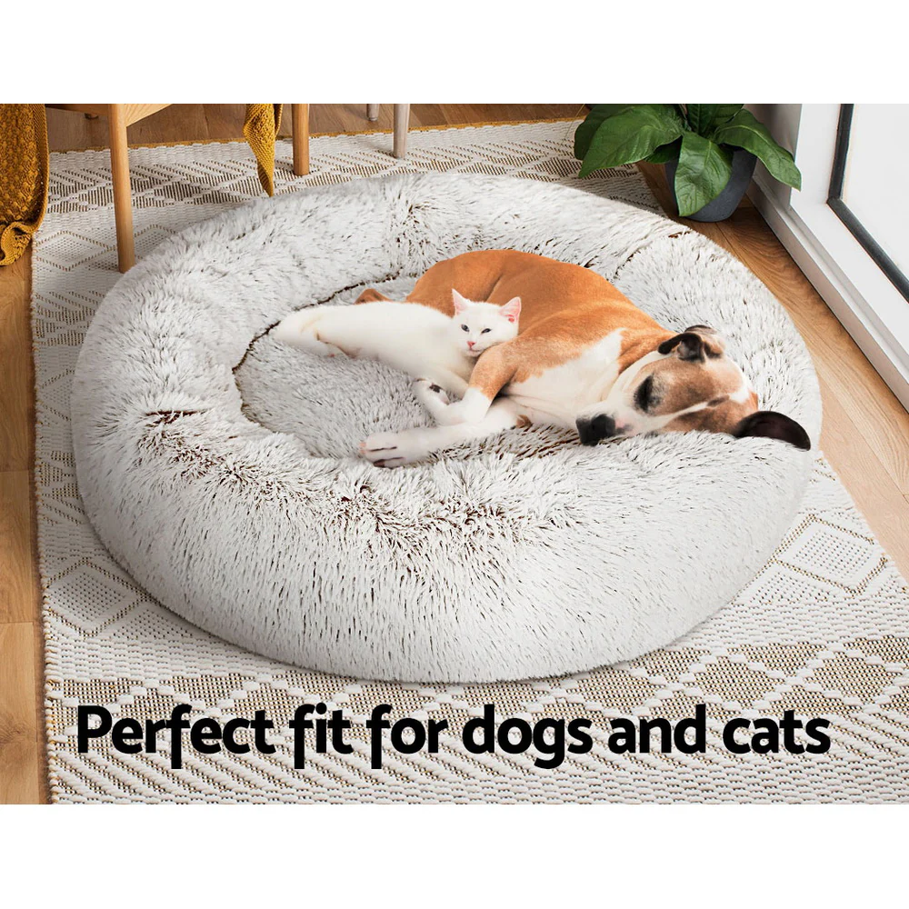 LARGE Dog Beds Pet 90cm Calming Soft Plush - White Brown - Nurns
