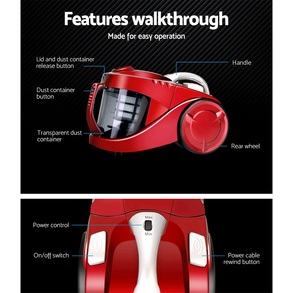 Devanti 2200W Bagless Vacuum Cleaner Red - Nurns