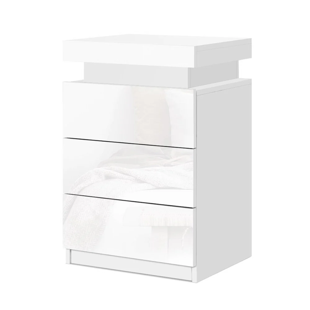 Rimouski LED High Gloss Bedside Tables Side Table RGB LED High Gloss Nightstand with 3 Drawers - White - Nurns