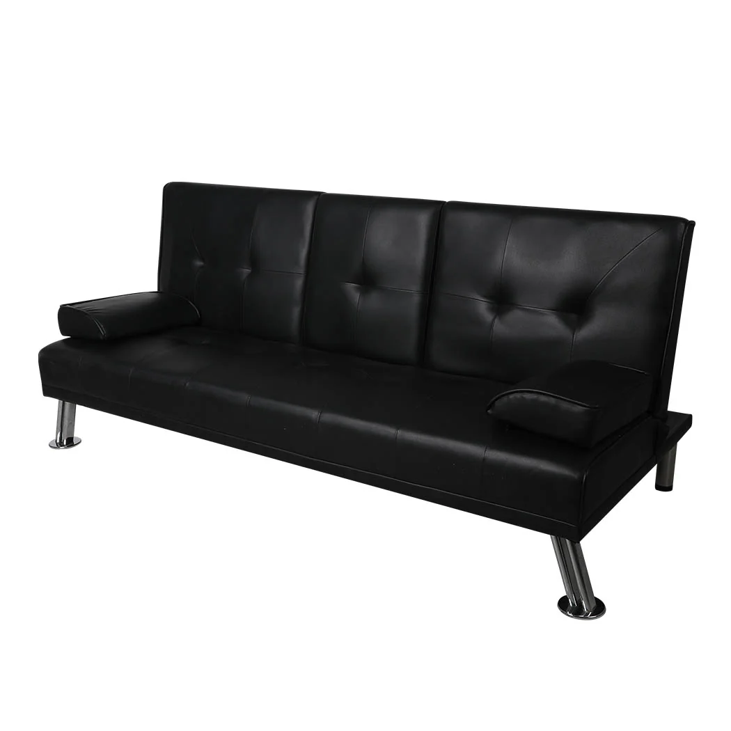 Marny 3-Seater Adjustable Sofa Bed Lounge Futon Couch Leather Beds Cup Holder Recliner - Black - Nurns