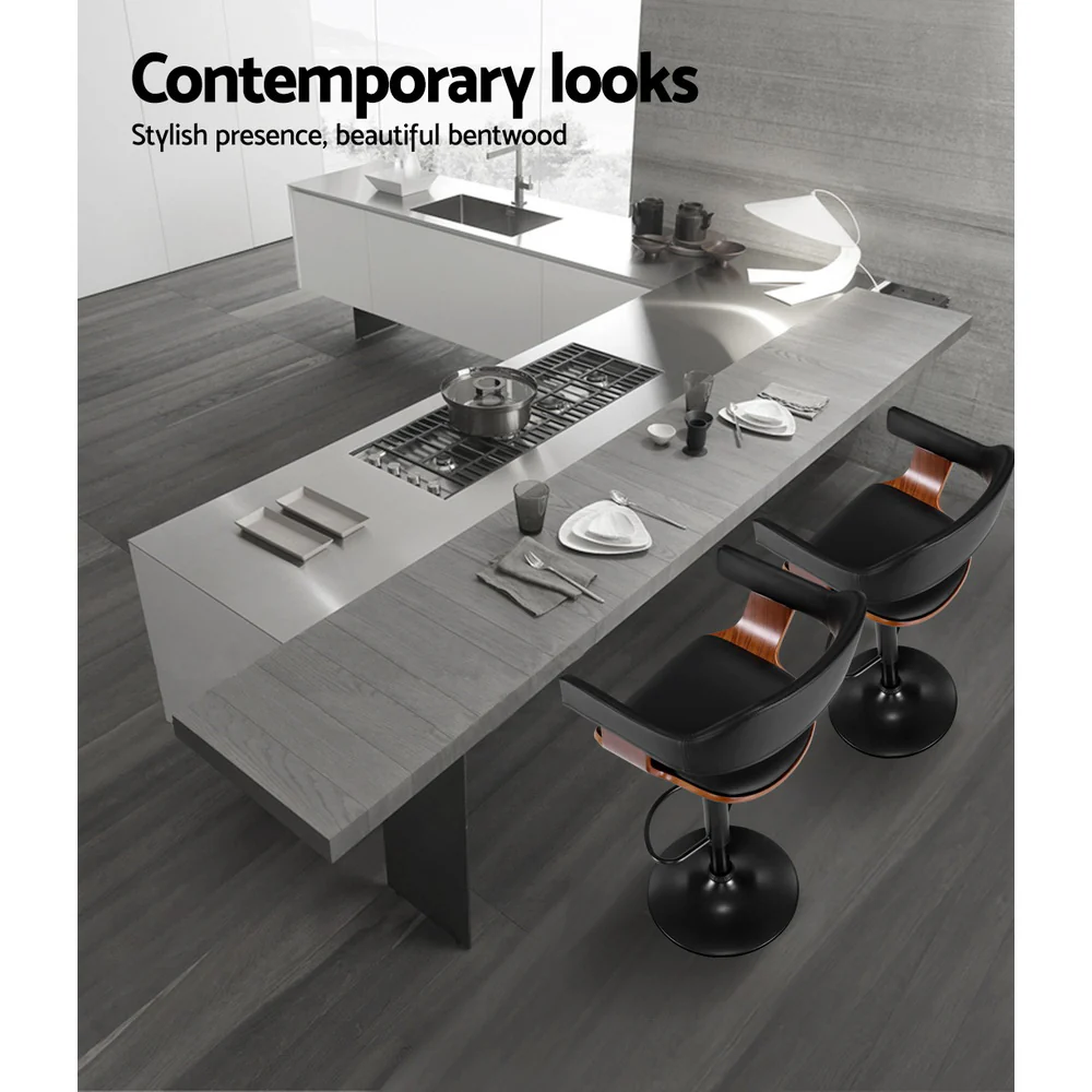 Set of 2 Eindhoven Bar Stool Curved Gas Lift PU Leather - Black - Nurns