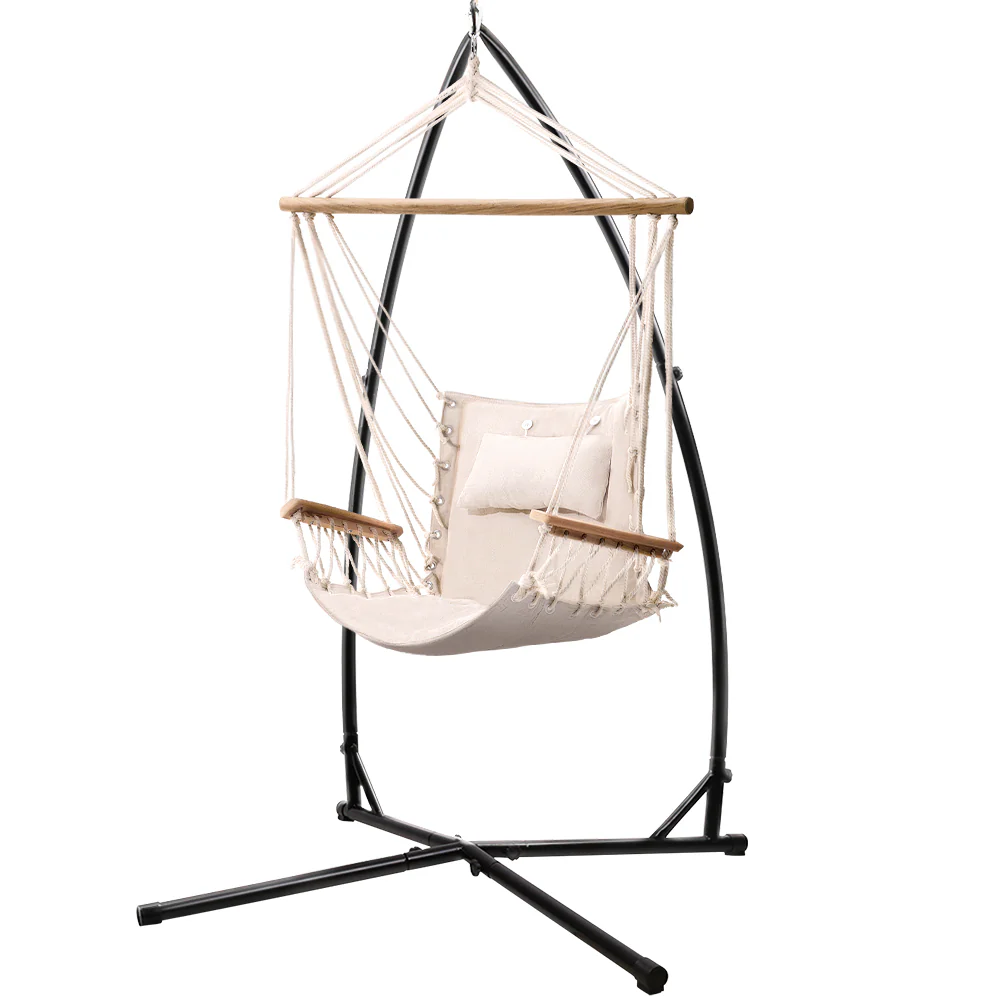 Hammock Chair with Steel Stand Armrest Outdoor Hanging - Cream - Nurns