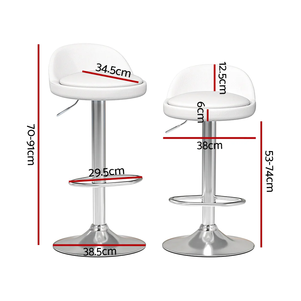Set of 2 Hobart Bar Stools Kitchen Stool Chairs Dining Gas Lift Swivel Leather - White - Nurns